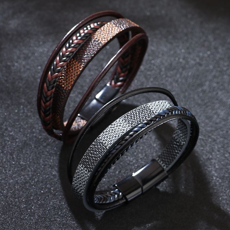 Casual Hip-hop Vintage Style Solid Color Pu Leather Alloy Knitting Buckle Men's Wristband Bangle