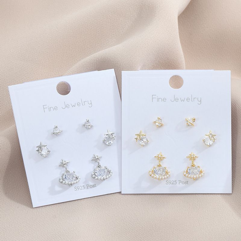 3 Paare Einfacher Stil Stern Kupfer Inlay Künstliche Perlen Zirkon Ohrstecker