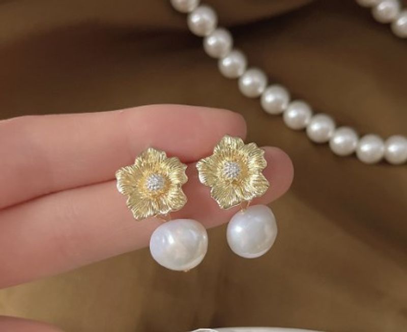 1 Paar Barock Blume Süßwasser Perle Kupfer Tropfen Ohrringe
