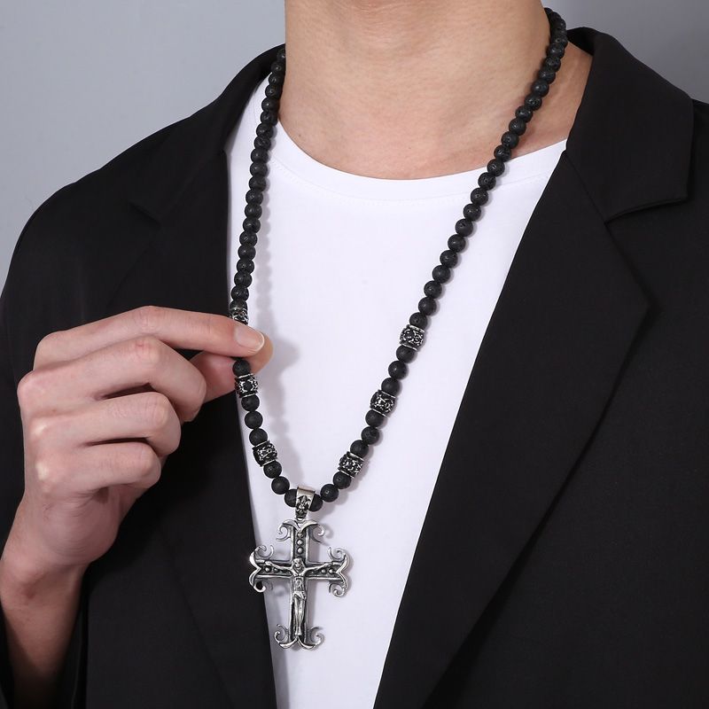 Hip Hop Punk Kreuzen Vulkan Gestein Titan Stahl Perlen Unisex Halskette Mit Anhänger