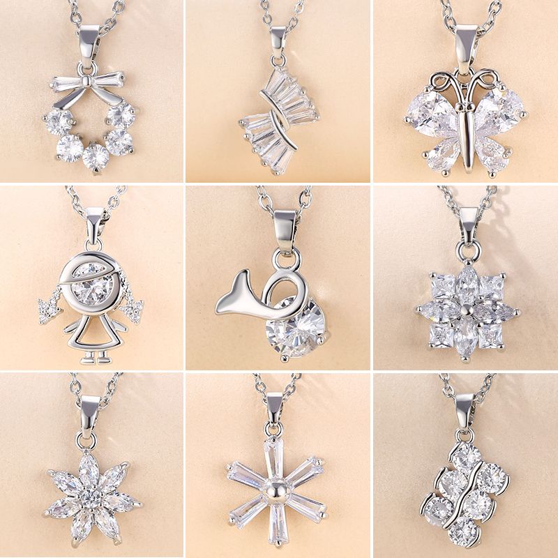 Stainless Steel White Gold Plated Elegant Plating Inlay Round Flower Butterfly Zircon Pendant Necklace