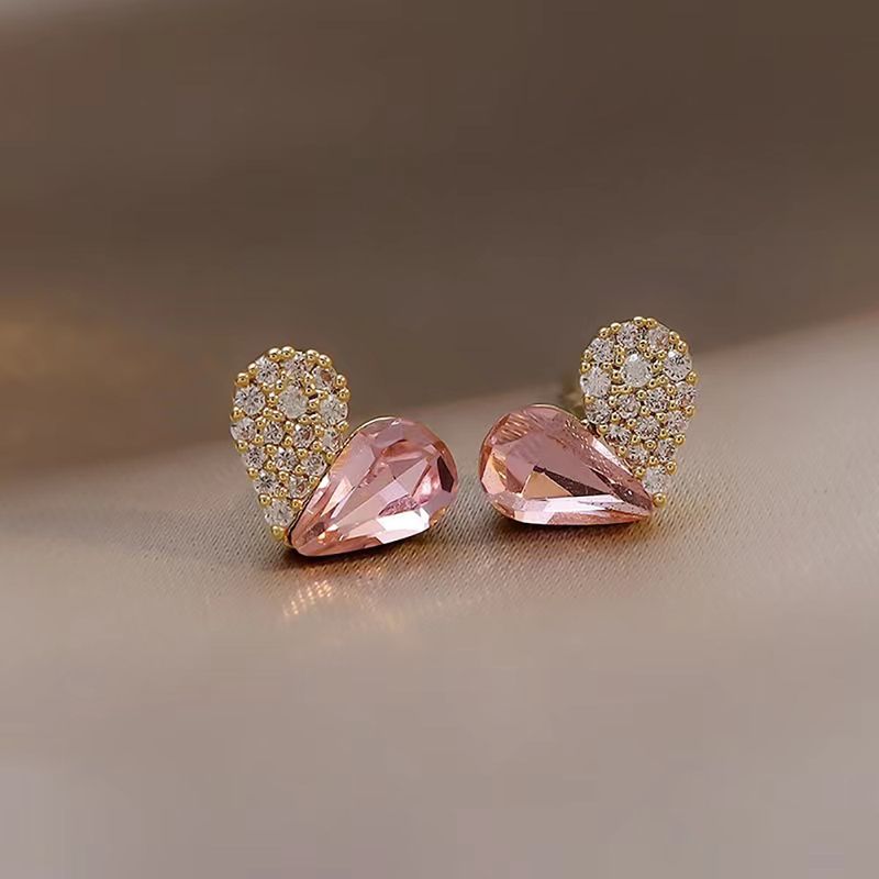 1 Pair Sweet Water Droplets Heart Shape Sterling Silver Plating Inlay Artificial Gemstones Ear Studs