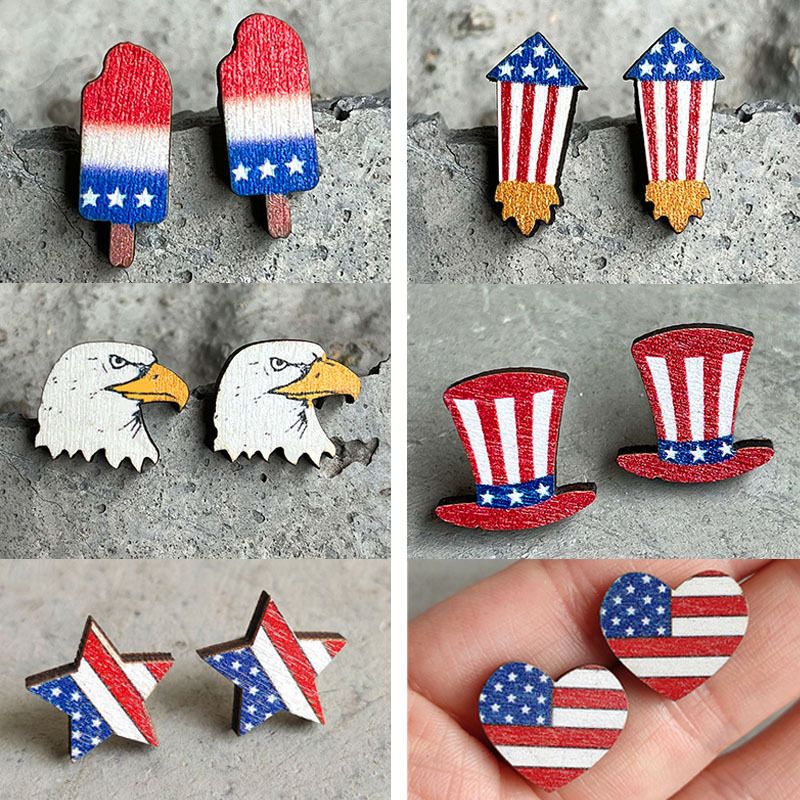 Original Design American Flag Wood Independence Day Women's Ear Studs