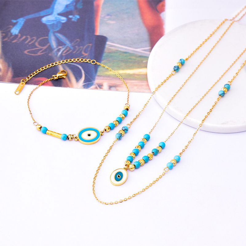 304 Stainless Steel 18K Gold Plated INS Style Casual Beaded Enamel Plating Oval Eye Bracelets Necklace