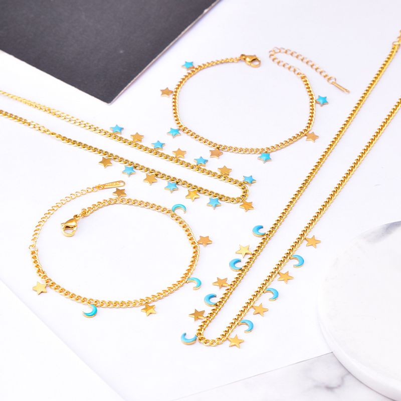 Casual Simple Style Star Moon Titanium Steel Epoxy Plating Bracelets Necklace