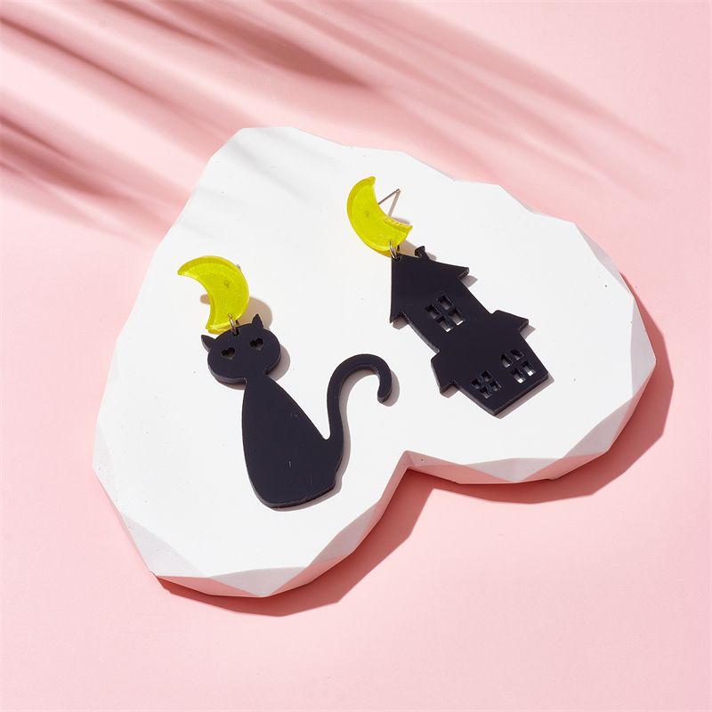 1 Pair Cartoon Style Funny House Moon Cat Asymmetrical Hollow Out Arylic Drop Earrings