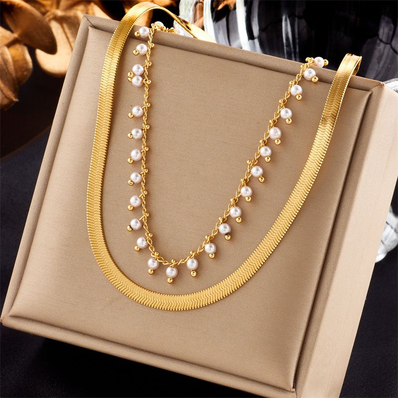 Elegant Geometric Titanium Steel Inlay Artificial Pearls 18k Gold Plated Layered Necklaces