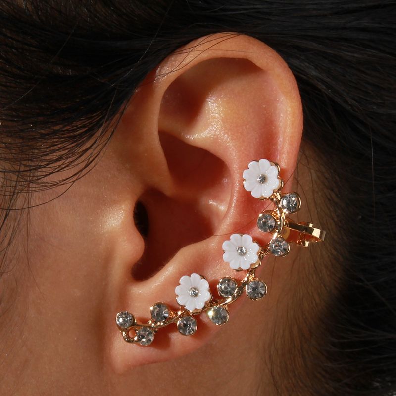 Sucré Fleur Alliage Incruster Strass Femmes Clips D'oreille