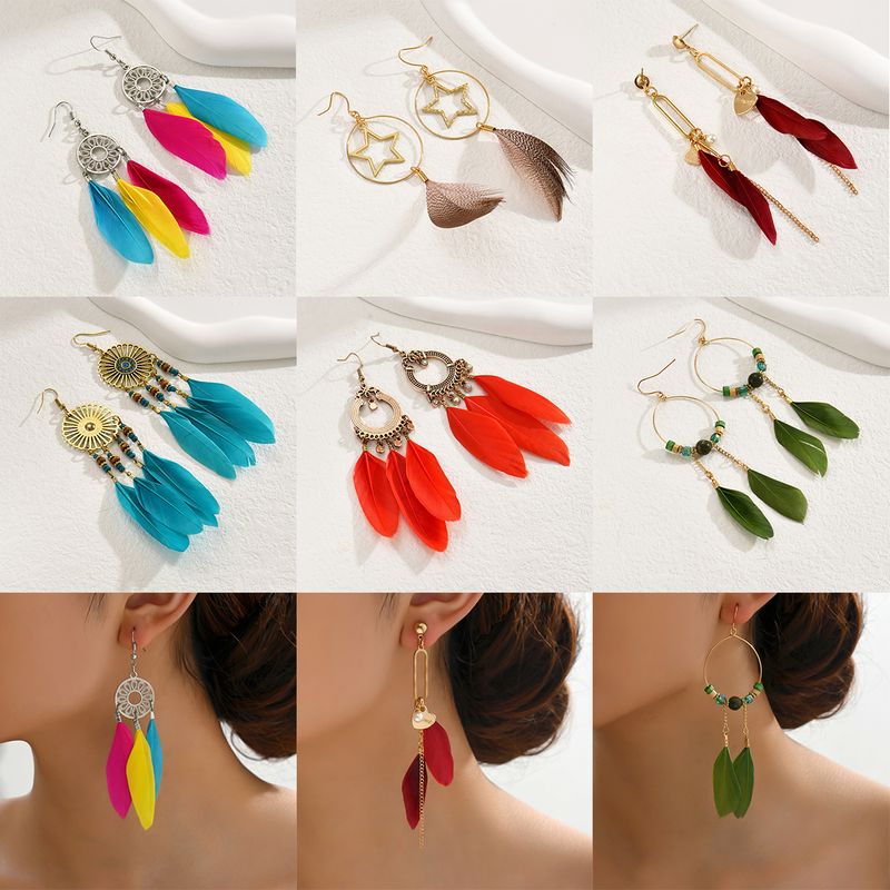 Vacation Beach Dreamcatcher Alloy Feather Handmade Tassel Plating Beads Feather Women's Drop Earrings