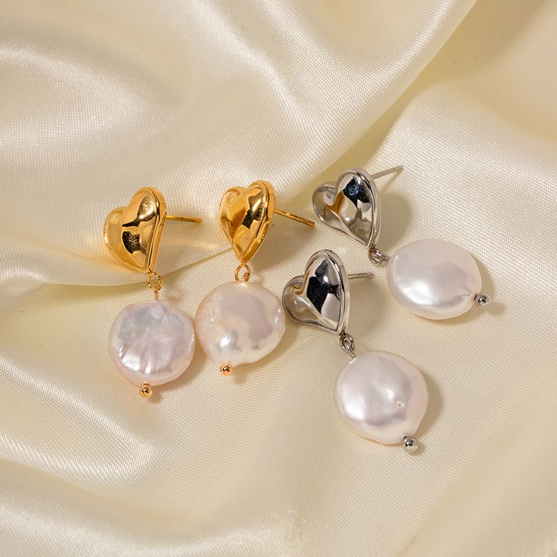 1 Pair Elegant Heart Shape Stainless Steel Pearl Plating 18k Gold Plated Drop Earrings