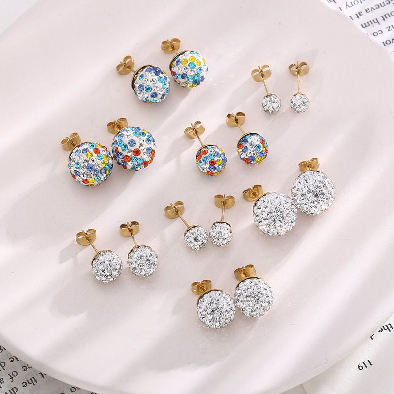 1 Pair Casual Shiny Ball Plating Inlay Stainless Steel Rhinestones 18K Gold Plated Ear Studs