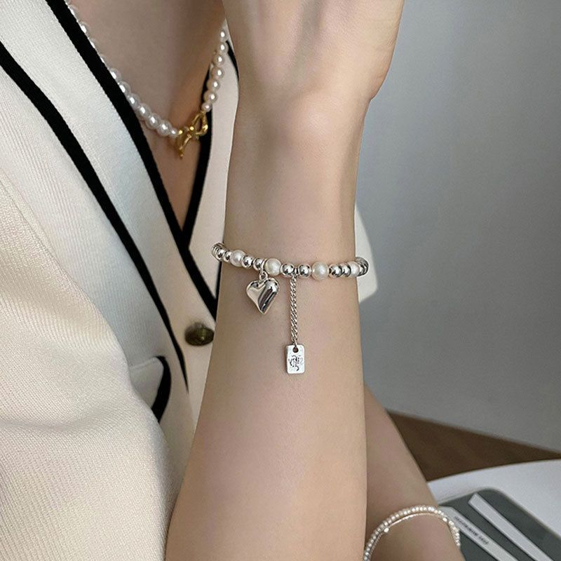 Elegant Heart Shape Artificial Pearl Sterling Silver Beaded Bracelets