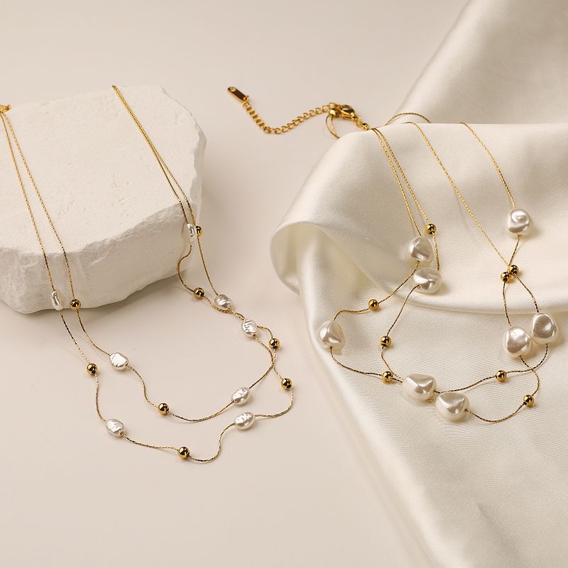 Edelstahl 304 18 Karat Vergoldet Elegant Perle Überzug Irregulär Künstliche Perlen Geschichtete Halskette