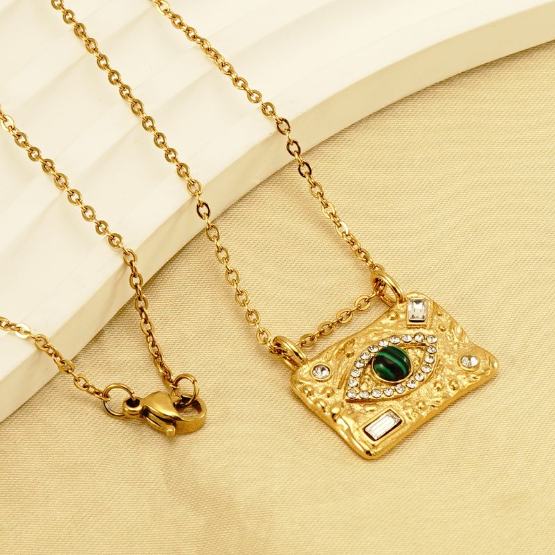 304 Stainless Steel 18K Gold Plated INS Style Casual Plating Inlay Devil'S Eye Malachite Rhinestones Pendant Necklace