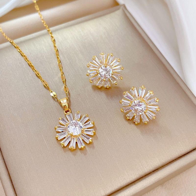 Titanium Steel Copper Luxurious Inlay Sunflower Zircon Earrings Necklace