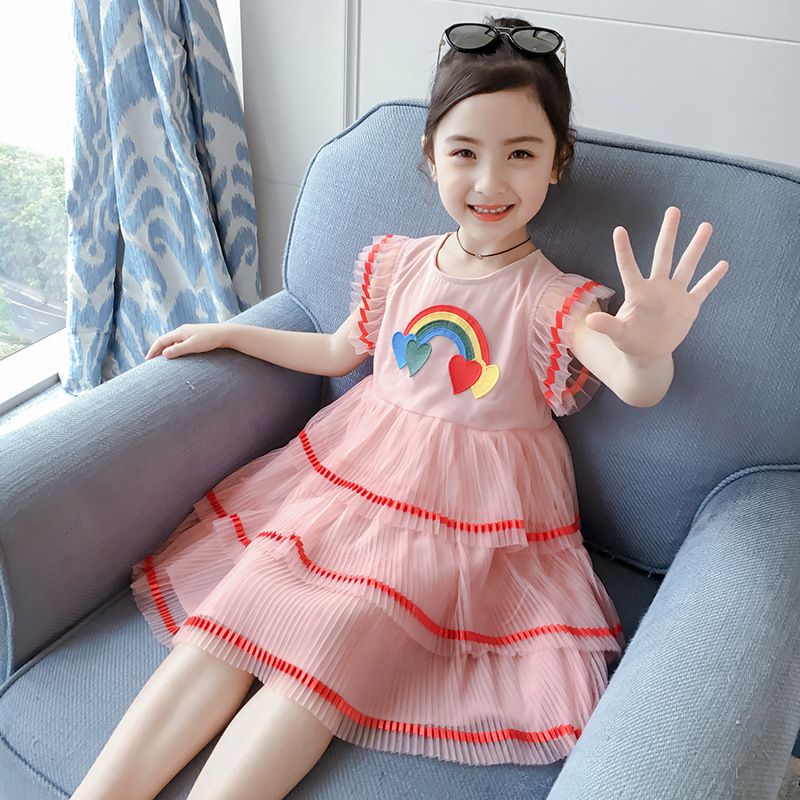 Casual Cute Simple Style Rainbow Heart Shape Popover Ruched Cotton Girls Dresses