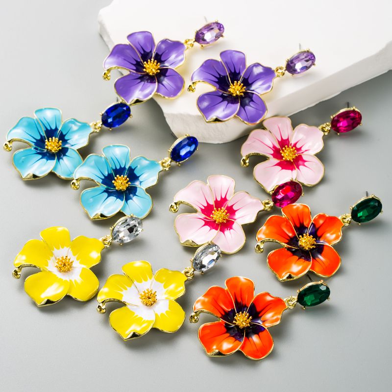 1 Pair Elegant Glam Flower Enamel Plating Inlay Stainless Steel Alloy Titanium Steel Rhinestones Gold Plated Drop Earrings