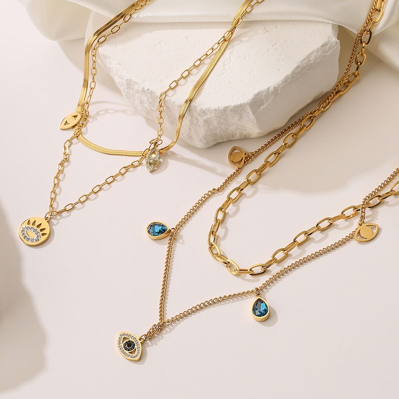 Modern Style Devil's Eye Titanium Steel Layered Plating Inlay Zircon 18k Gold Plated Layered Necklaces