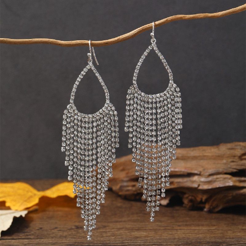 Glam Water Droplets Tassel Alloy Inlay Rhinestones Silver Plated Women's Chandelier Earrings Drop Earrings