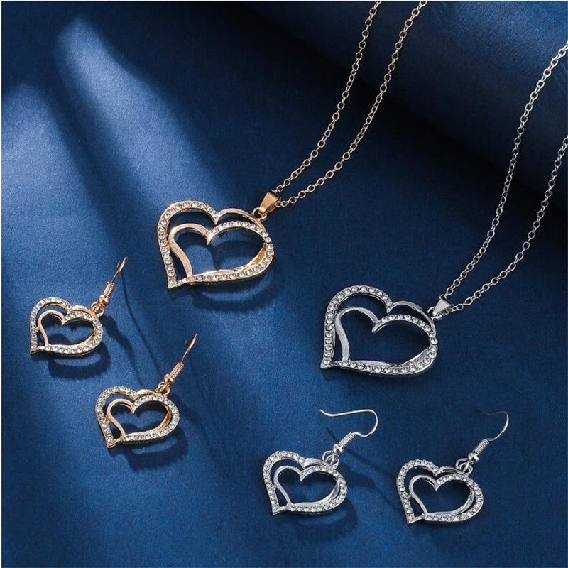 Elegant Shiny Heart Shape Rhinestones Alloy Wholesale Earrings Necklace