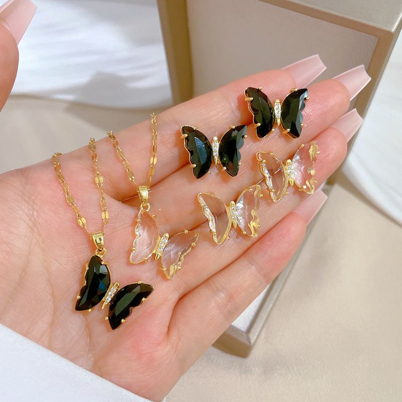 Titan Stahl Kupfer Elegant Inlay Schmetterling Künstlicher Kristall Ohrringe Halskette
