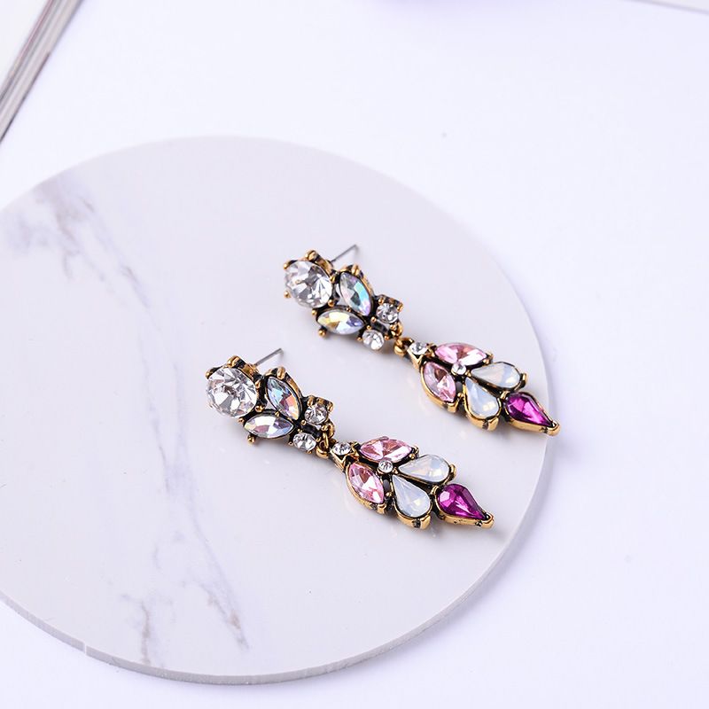Retro Flower Alloy Inlay Crystal Women's Drop Earrings