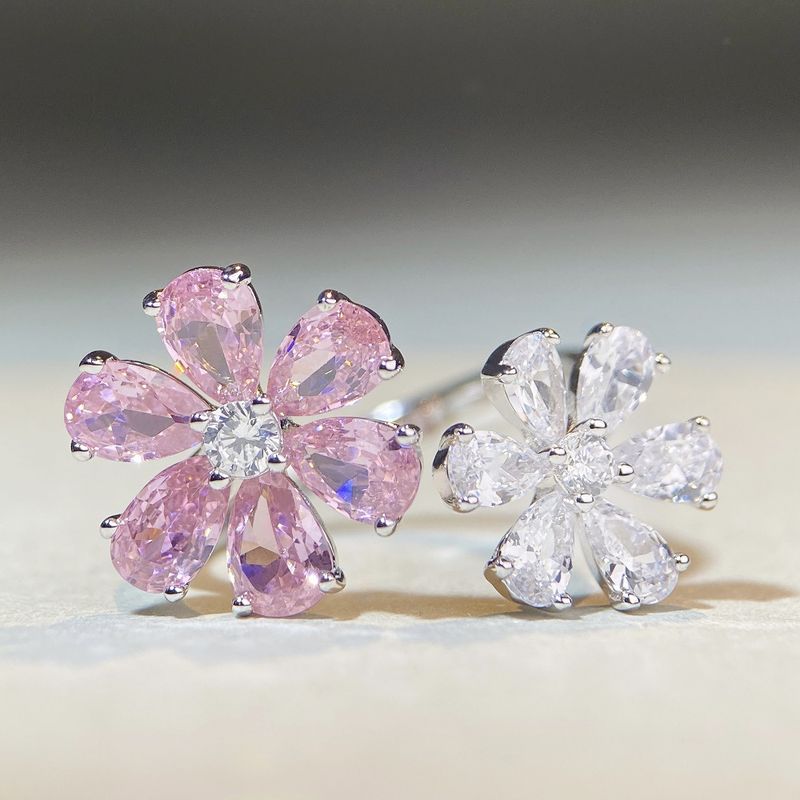 Süss Glänzend Blume Sterling Silber Inlay Diamant Mit Hohem Kohlenstoff Gehalt Offener Ring