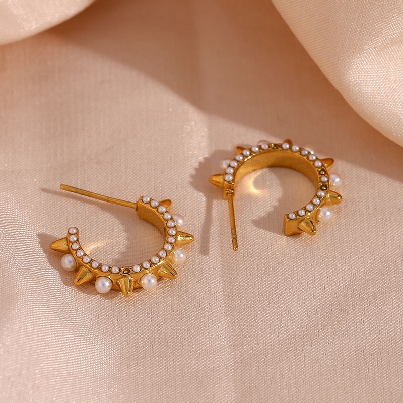 1 Pair Vintage Style Cool Style C Shape Plating Inlay Stainless Steel Pearl 18k Gold Plated Ear Studs