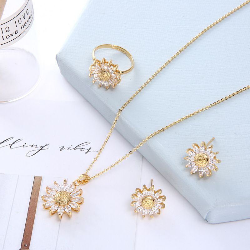 Copper Vintage Style Plating Inlay Flower Artificial Crystal Necklace Earrings Rings