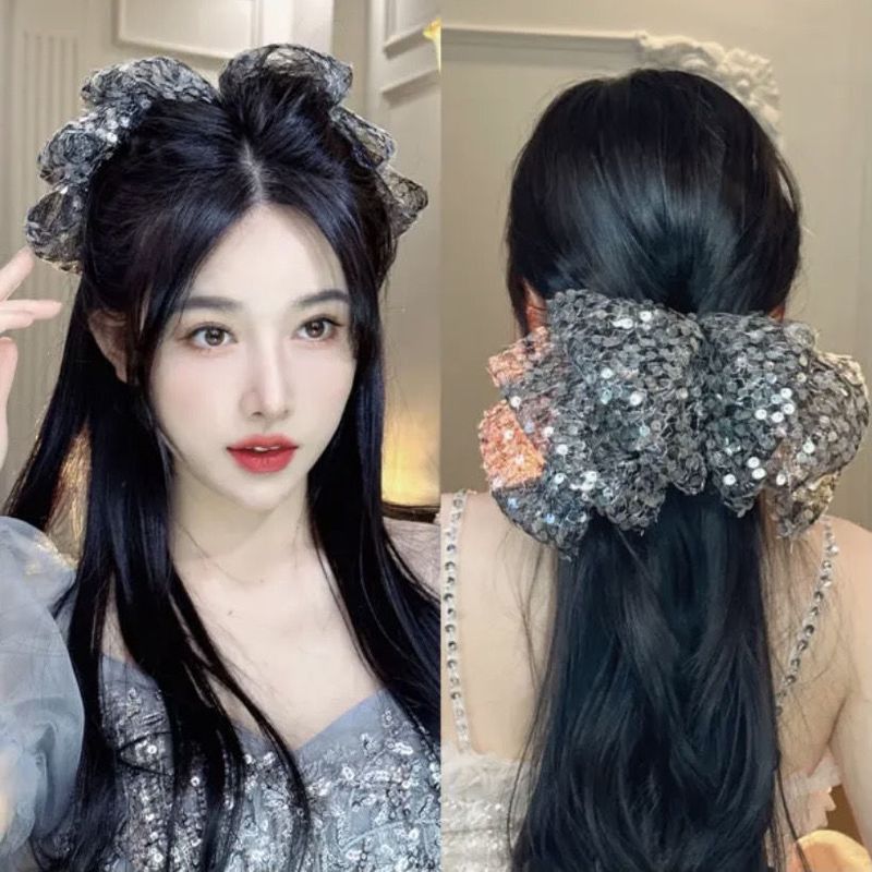 Glam Sweet Bow Knot Gauze Sequins Hair Clip