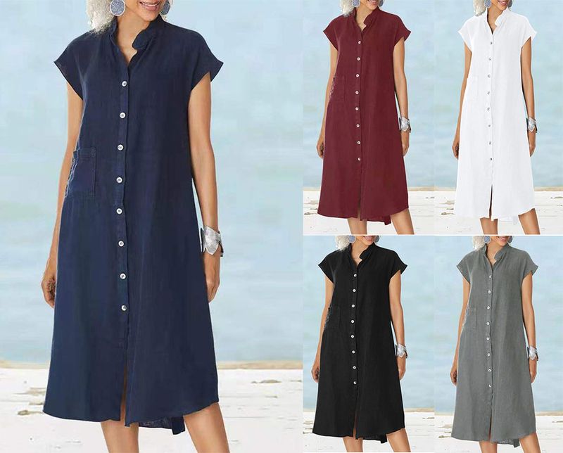 Women's Irregular Skirt Casual Standing Collar Pocket Patchwork Short Sleeve Solid Color Midi Dress Daily