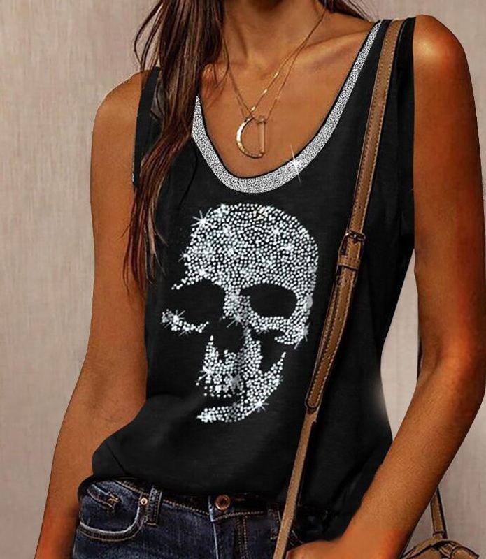 Women's T-shirt Sleeveless T-shirts Printing Streetwear Color Block Skull