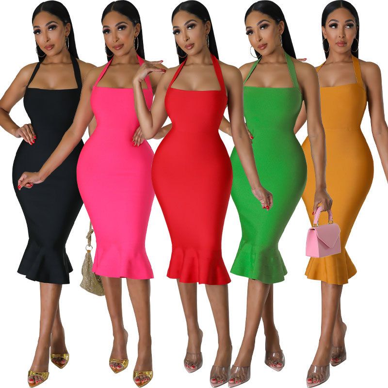 Women's Pencil Skirt Sexy Halter Neck Sleeveless Solid Color Knee-length Holiday Party Street