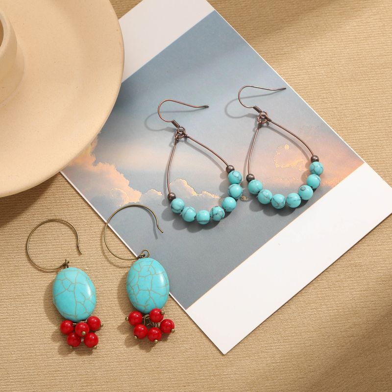 1 Paire Style Ethnique Multicolore Arylique Turquoise Métal Perlé Crochet D'oreille