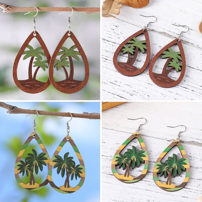 Vacation Coconut Tree Water Droplets Stainless Steel Wood Women's Ear Hook