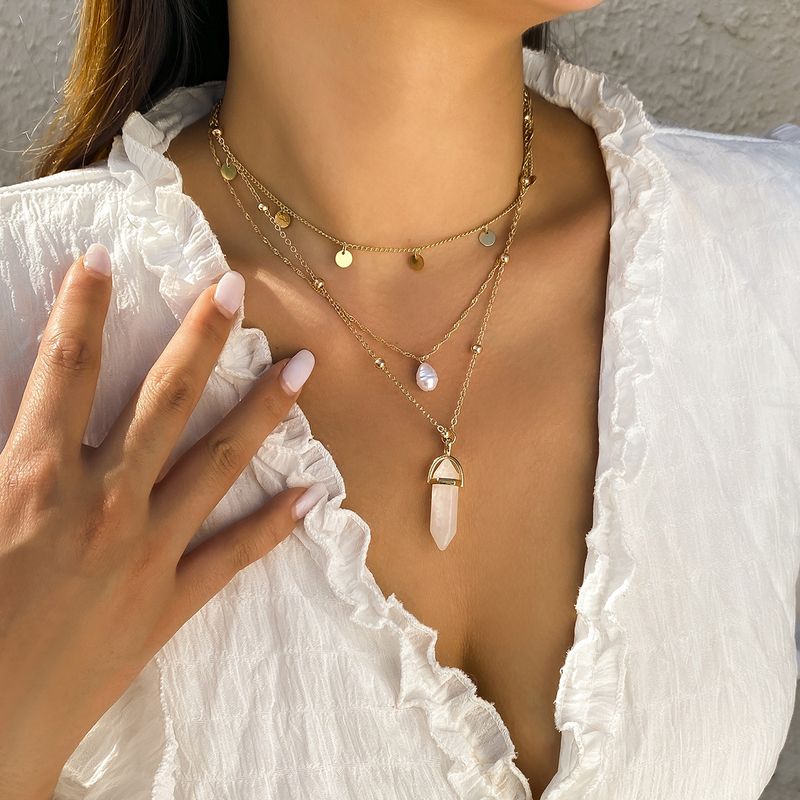 Streetwear Geometric Artificial Crystal Imitation Pearl Copper Plating Women's Layered Necklaces