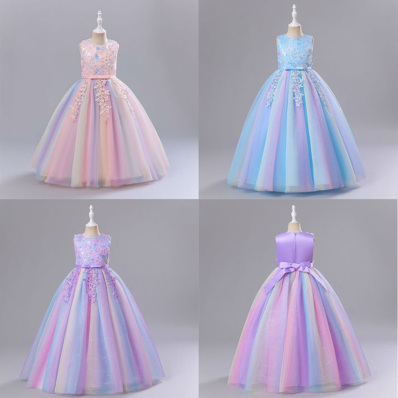 Princess Romantic Colorful Flower Pearl Polyester Girls Dresses