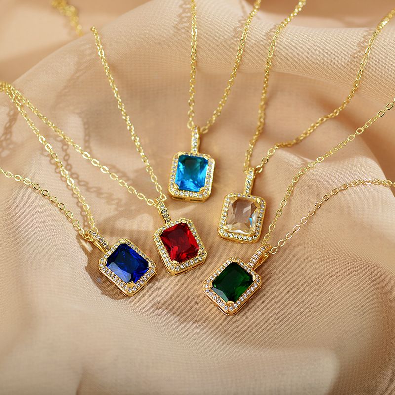 Glam Shiny Square Copper Plating Inlay Zircon Pendant Necklace
