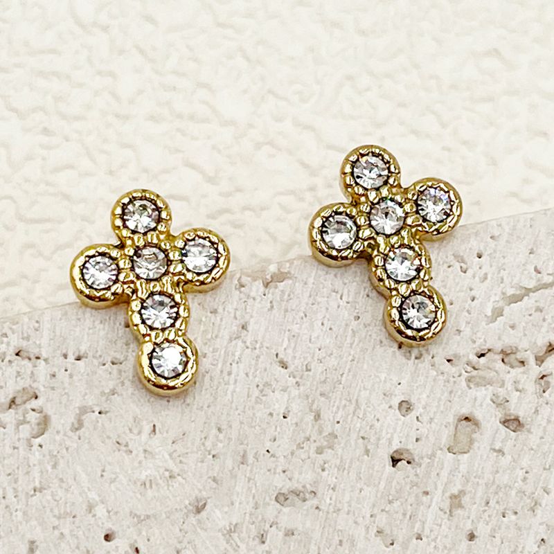 1 Pair Vintage Style Simple Style Cross Plating Inlay 304 Stainless Steel Zircon 14K Gold Plated Ear Studs
