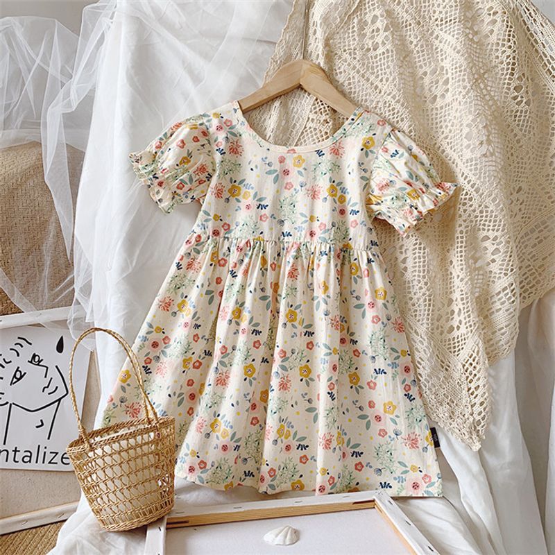 Casual Cute Pastoral Flower Printing Cotton Girls Dresses