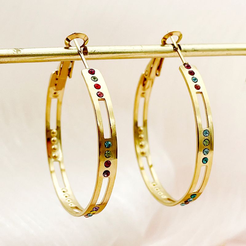 1 Pair Exaggerated Artistic Round Plating Hollow Out Inlay 304 Stainless Steel Rhinestones 14K Gold Plated Hoop Earrings