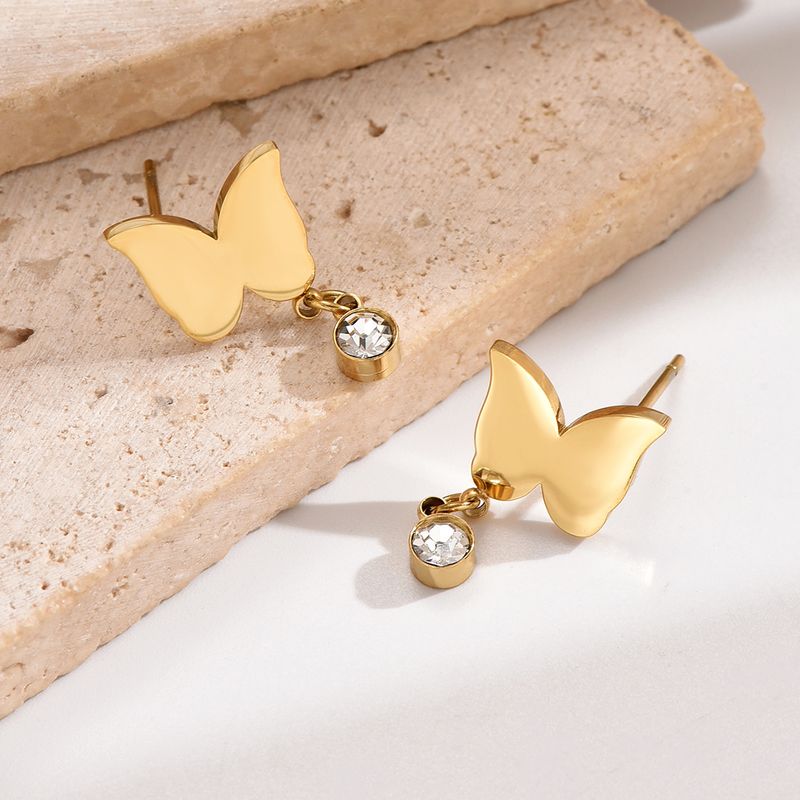 1 Pair Sweet Simple Style Butterfly Plating Inlay 304 Stainless Steel Rhinestones 14K Gold Plated Drop Earrings