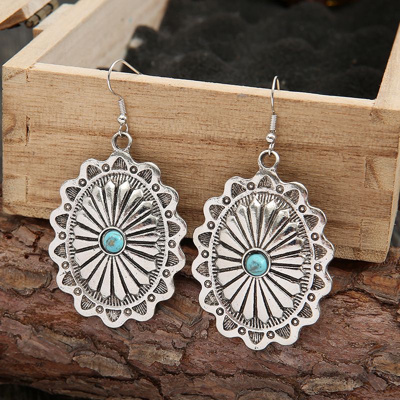 Ethnic Style Oval Alloy Plating Inlay Turquoise Women's Drop Earrings