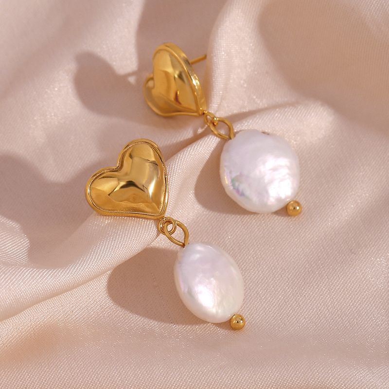 1 Pair French Style Heart Shape Plating Stainless Steel Freshwater Pearl 18k Gold Plated Drop Earrings