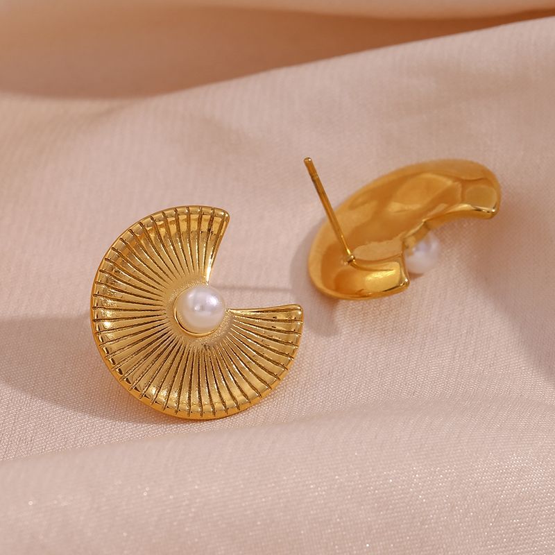 1 Pair French Style Sector Stainless Steel Plating Inlay Pearl 18k Gold Plated Ear Studs