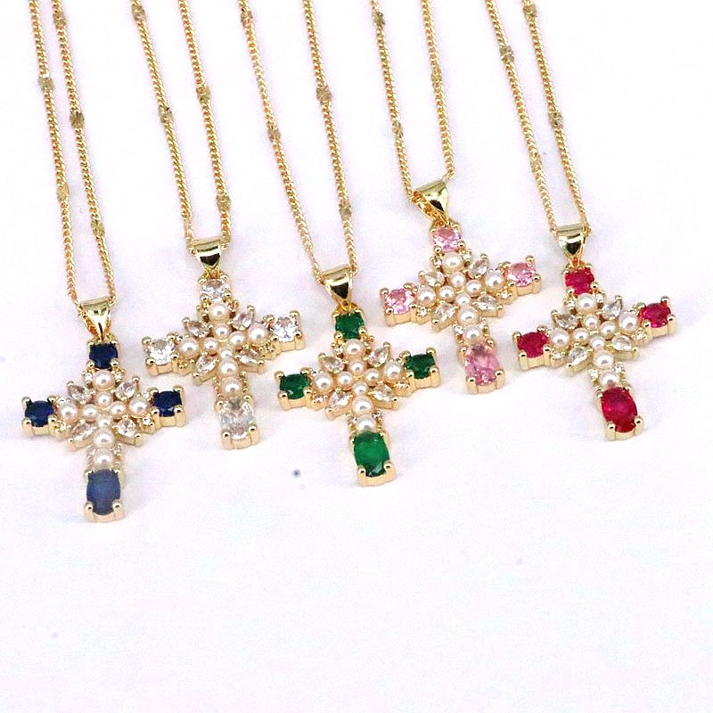 Hip-hop Retro Cross Copper Plating Inlay Zircon Gold Plated Pendant Necklace