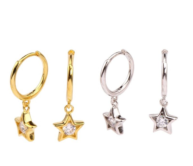 1 Pair Ins Style Pentagram Sterling Silver Inlay Zircon White Gold Plated Gold Plated Drop Earrings