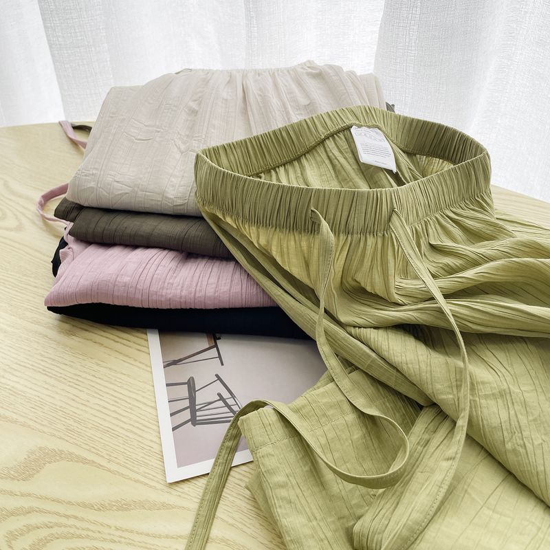 Simple Style Solid Color Linen Cotton Cotton And Linen Pleated Straps Straight Pants
