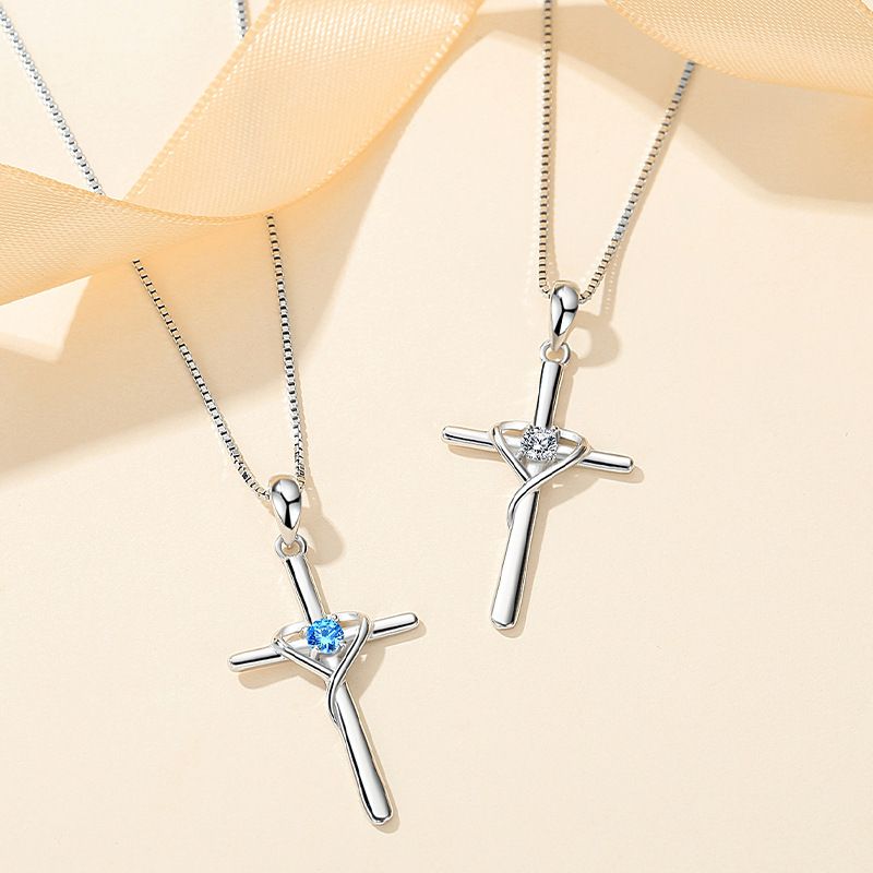 Wholesale Simple Style Cross Heart Shape Sterling Silver Zircon Pendant Necklace