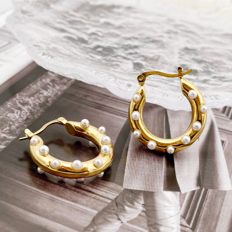 1 Pair Elegant U Shape Polishing Plating Inlay 304 Stainless Steel Pearl 14K Gold Plated Hoop Earrings